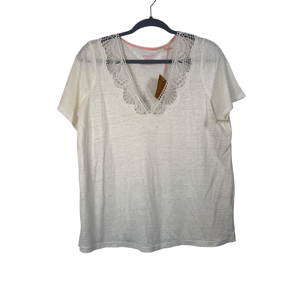 Boden Linen Breathable Feminine Top Womens M Ivory White Lace Trim V-Neck NEW